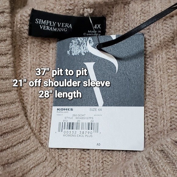 Simply Vera Wang Plus Sz 4x Soft Crewneck Oversized Sweater Office Casual Tan - Picture 4 of 6